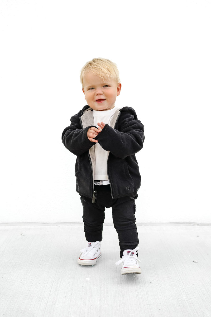 LITTLE BIPSY: REVERSIBLE FLEECE ZIP HOODIE - BLACK