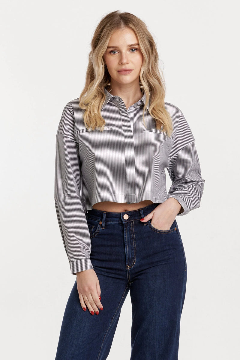 DEAR JOHN: ARIANNA CROPPED FRONT TIE SHIRT - BLACK STRIPE