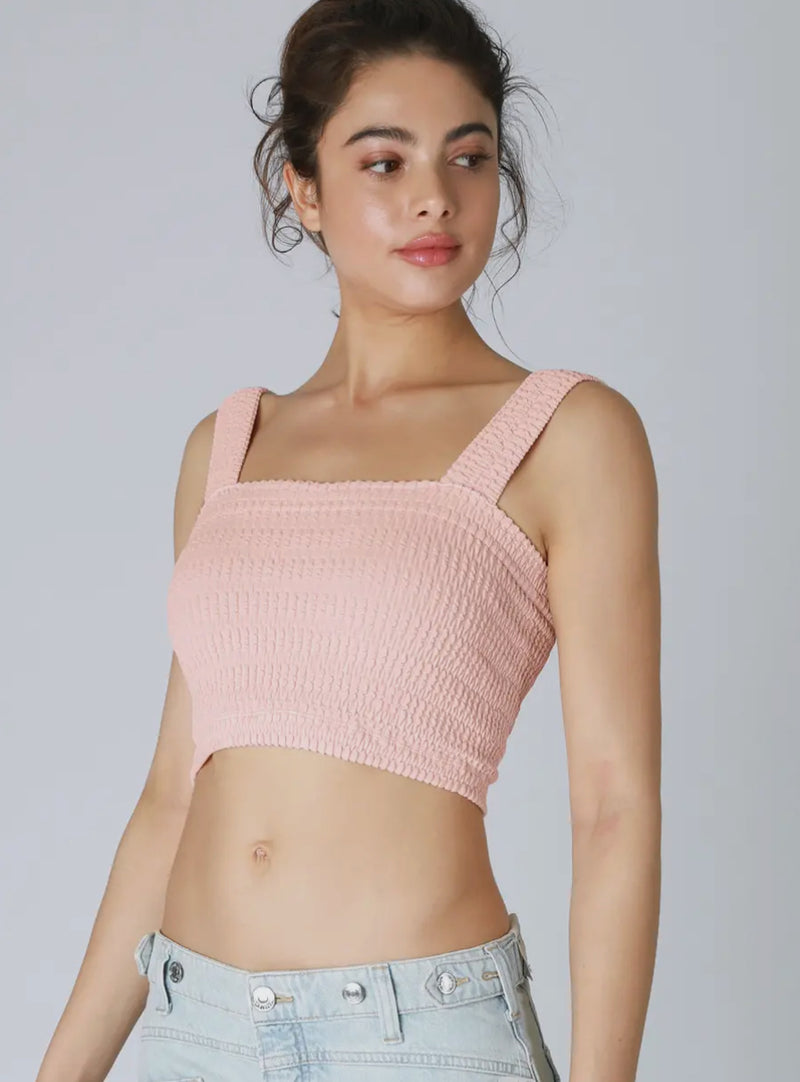 SHIRRED SQUARE NECK CROP TOP - PEACHY PINK