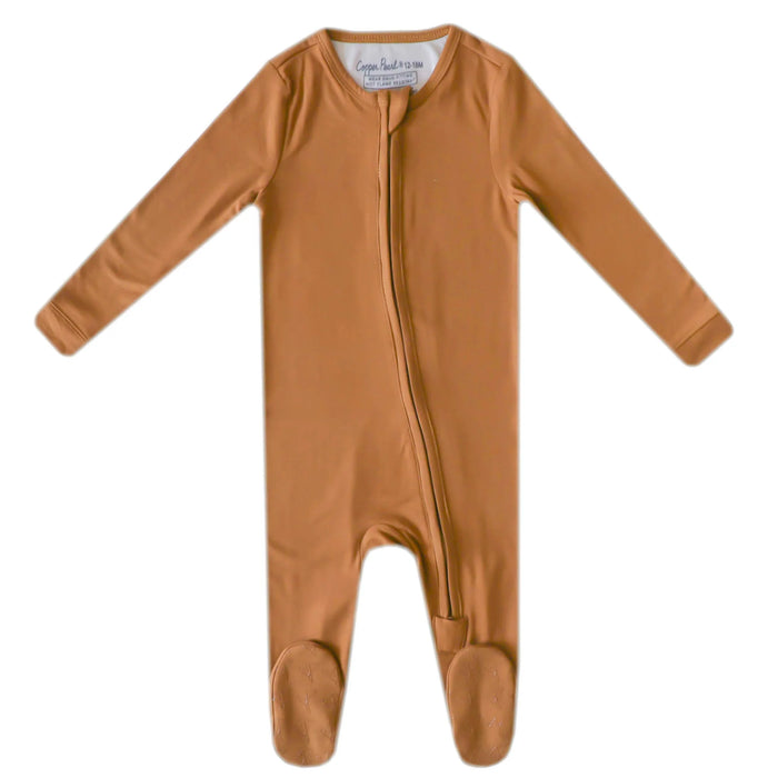 COPPER PEARL: CAMEL ZIP-UP FOOTIE PAJAMA