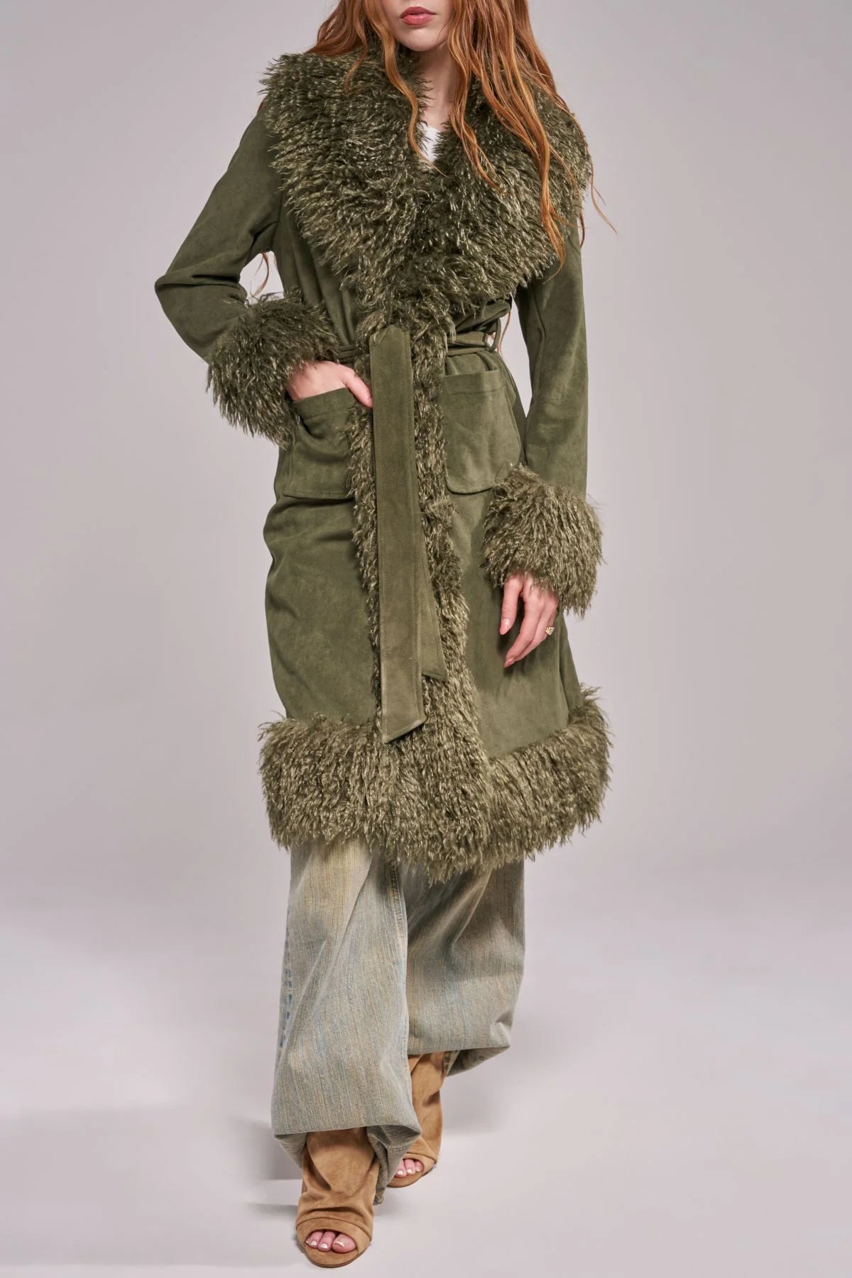 AZALEA WANG: GILDA-OLIVE LONG FAUX FUR TRENCH COAT