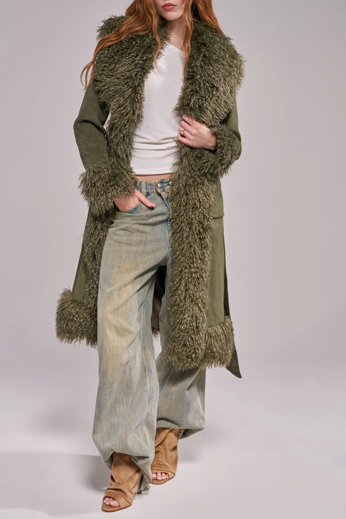 AZALEA WANG: GILDA-OLIVE LONG FAUX FUR TRENCH COAT