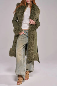 AZALEA WANG: GILDA-OLIVE LONG FAUX FUR TRENCH COAT