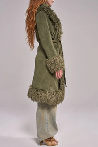 AZALEA WANG: GILDA-OLIVE LONG FAUX FUR TRENCH COAT