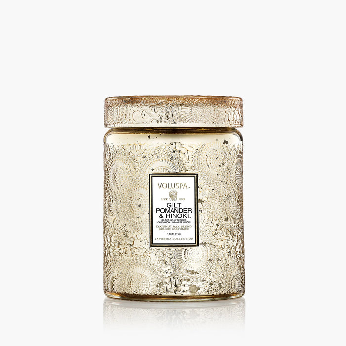 VOLUSPA: GILT POMANDER & HINOKI LARGE JAR CANDLE - 18 OZ