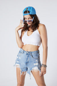 HIGH WAISTED HEAVY DESTRUCTION DENIM SHORTS - MEDIUM WASH