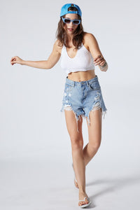 HIGH WAISTED HEAVY DESTRUCTION DENIM SHORTS - MEDIUM WASH