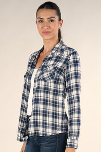 BLEACH WASH LONG SLEEVE PLAID SHIRT