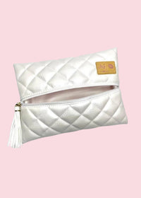 MAKEUP JUNKIE BAGS: LUXE IVORY PEARL QUILTED FLAT LAY MAKEUP BAG