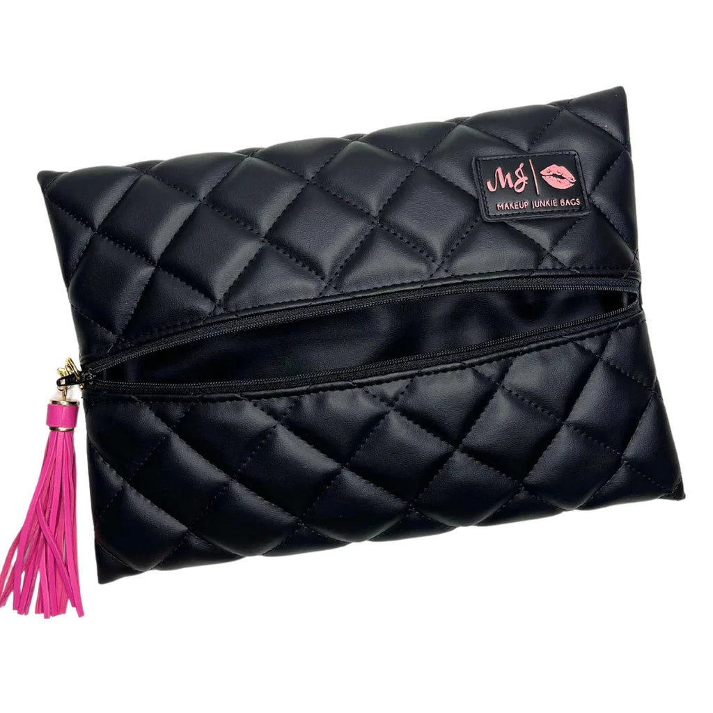 MAKEUP JUNKIE BAGS: LUXE ONYX QUILTED FLAT LAY MAKEUP BAG