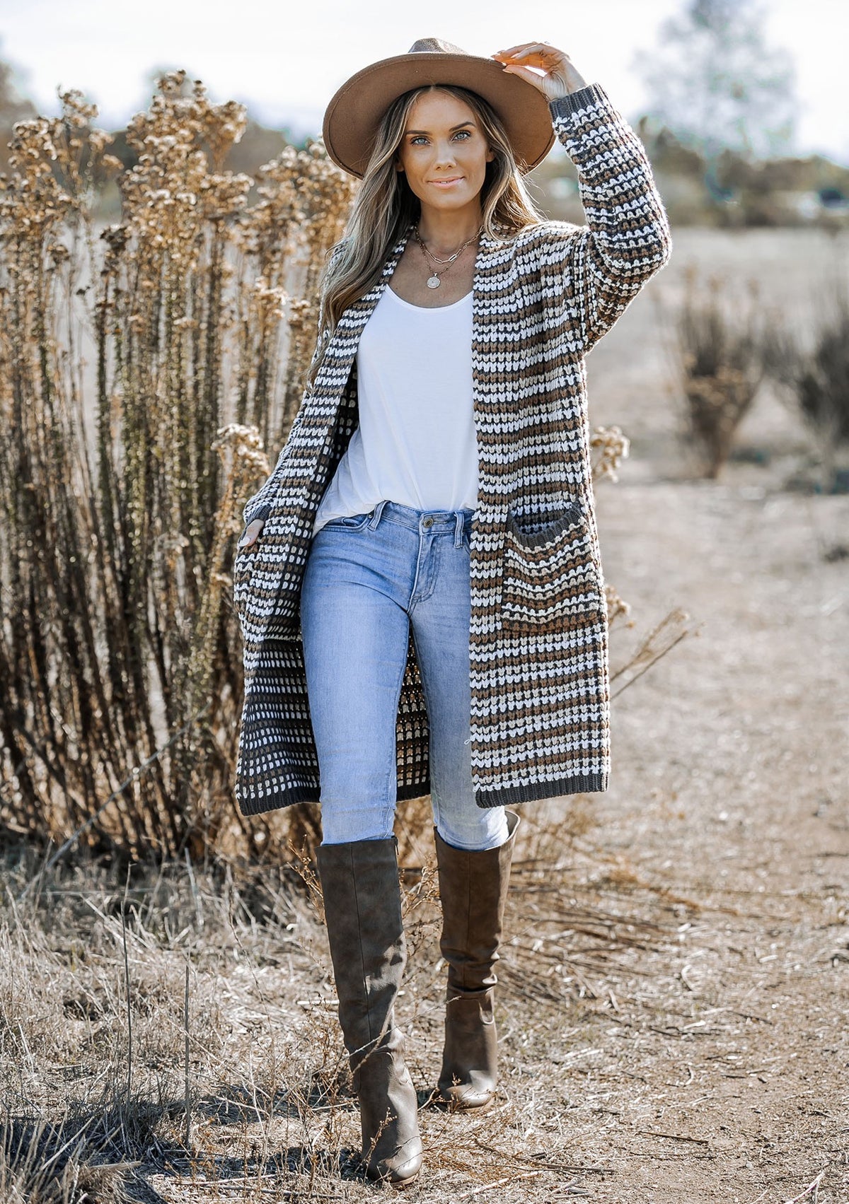 CHUNKY STRIPED RIBBED KNIT OPEN FRONT CARDIGAN