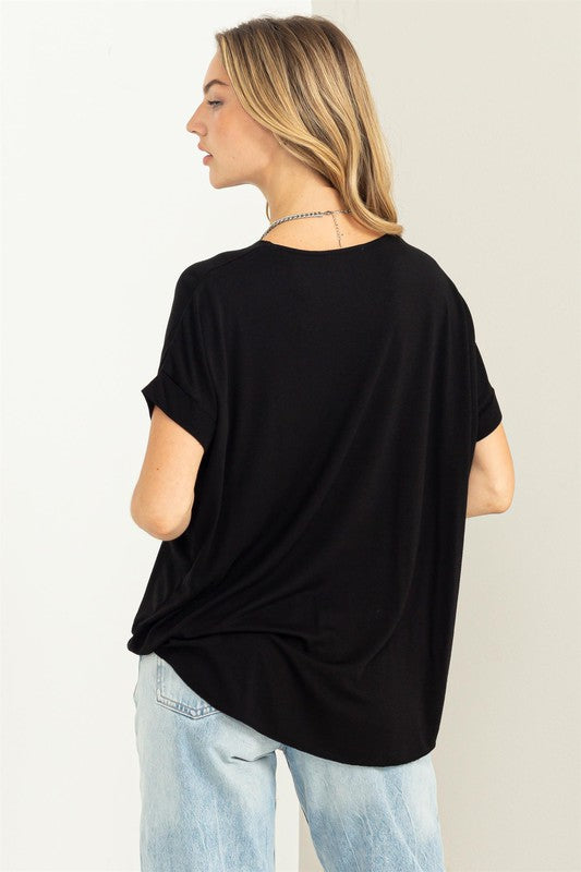 SHORT SLEEVE SURPLICE TOP - BLACK