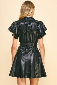 PINCH: BUTTON DOWN PU LEATHER MINI DRESS - BLACK