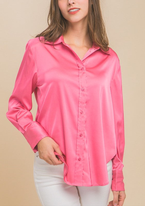 SATIN BUTTON UP LONG SLEEVE TOP - PINK