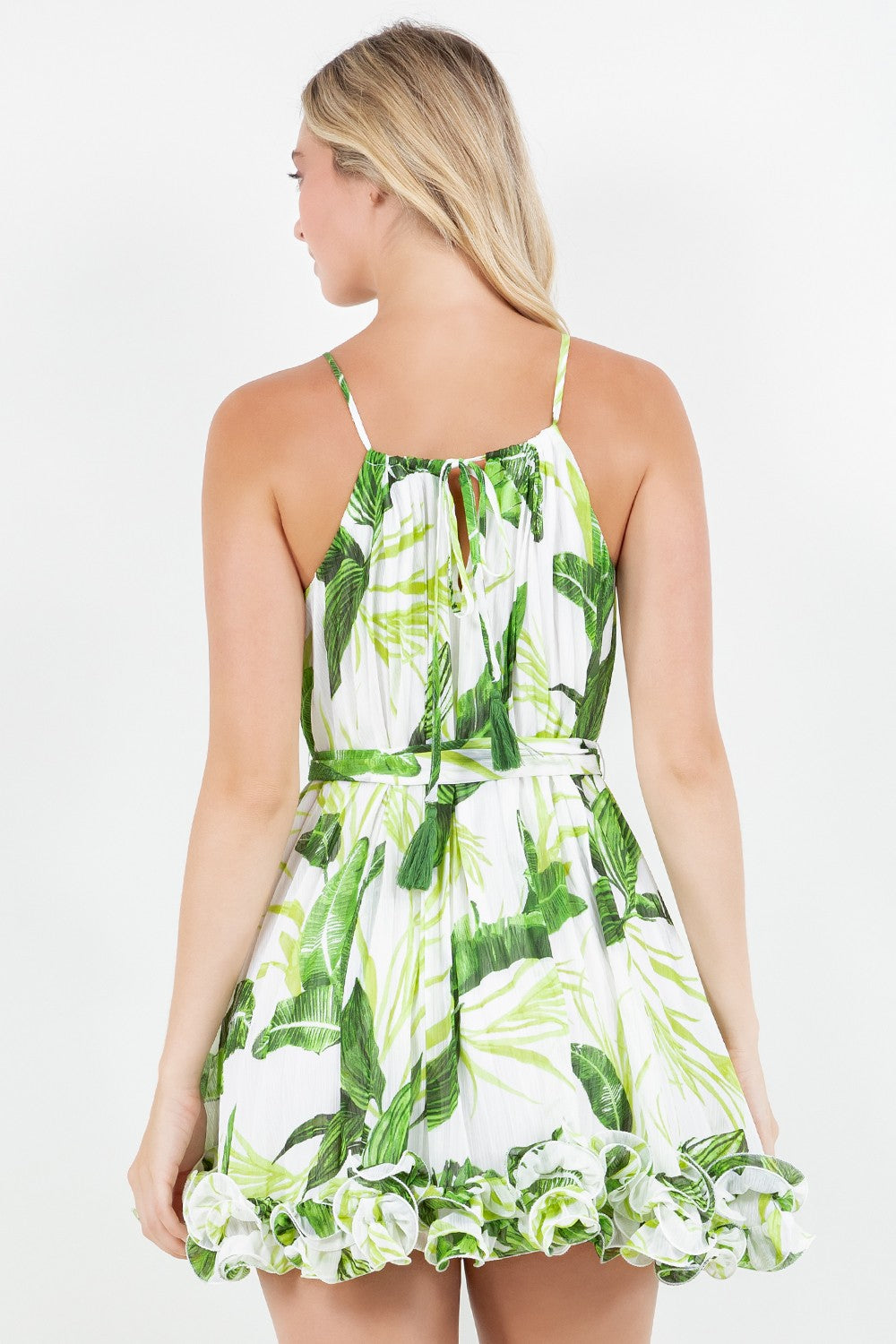 CHIFFON ALLOVER PLEATED TIE WAIST WIRED HEM DRESS