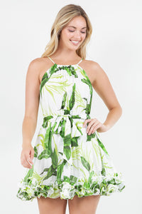 CHIFFON ALLOVER PLEATED TIE WAIST WIRED HEM DRESS