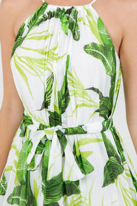 CHIFFON ALLOVER PLEATED TIE WAIST WIRED HEM DRESS
