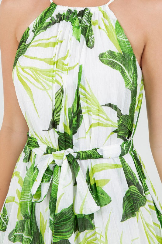 CHIFFON ALLOVER PLEATED TIE WAIST WIRED HEM DRESS