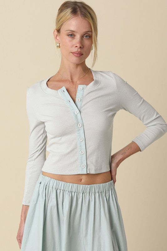 SASHA CROP BUTTON CARDIGAN - BALLED BLUE