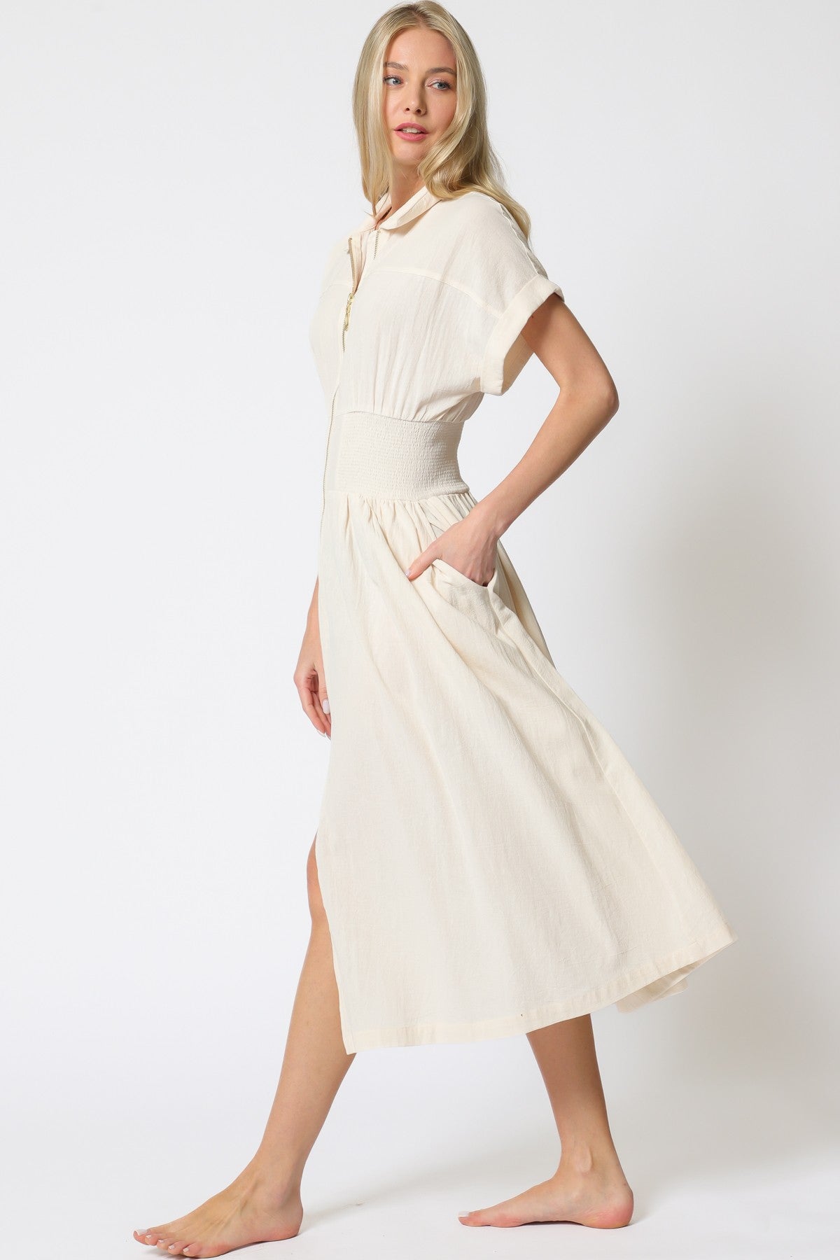 SHORT DOLMAN SLEEVE ZIPPER MIDI DRESS