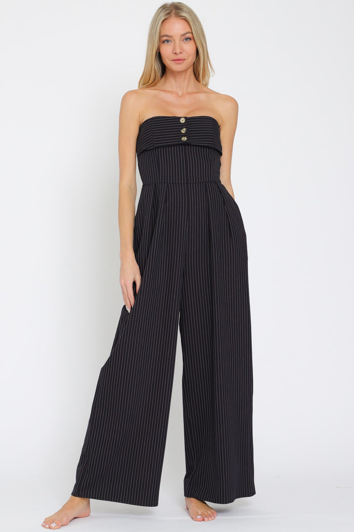 TUBE SMOCKED BACK TOP STRIPE JUMPSUIT - NAVY