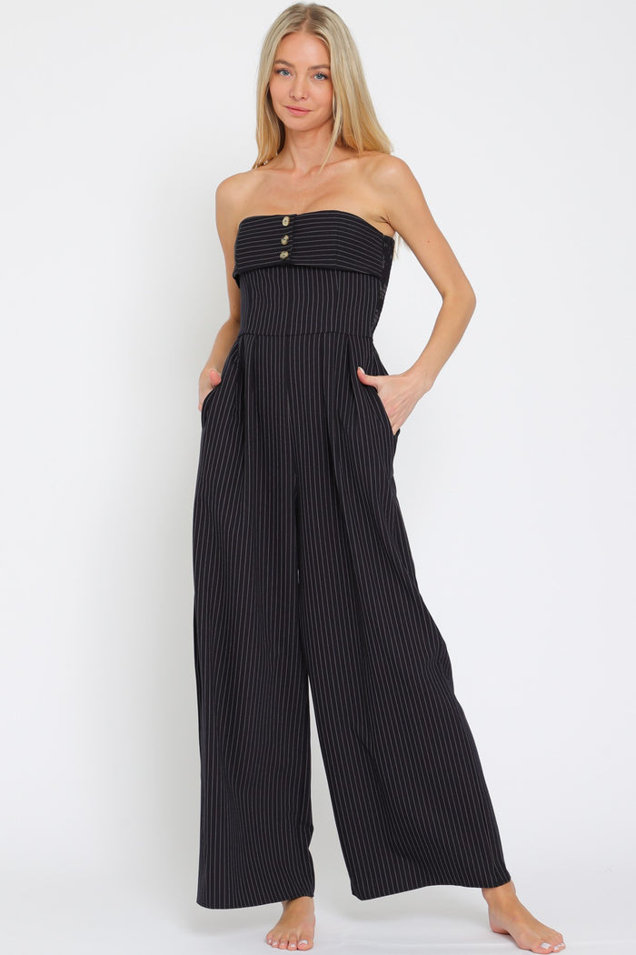 TUBE SMOCKED BACK TOP STRIPE JUMPSUIT - NAVY