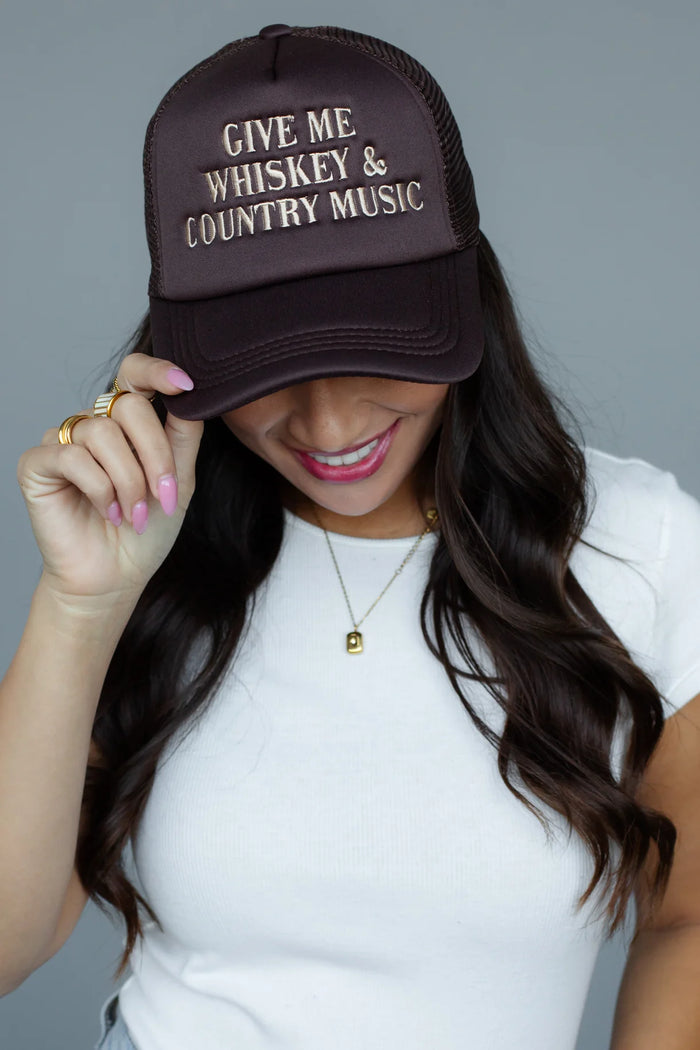 PANACHE APPAREL: GIVE ME WHISKEY & COUNTRY MUSIC TRUCKER HAT - BROWN