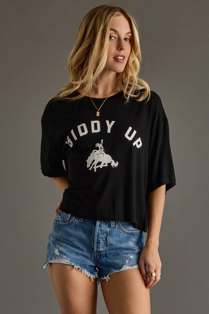 PANACHE APPAREL: GIDDY UP CROPPED TEE - BLACK/WHITE