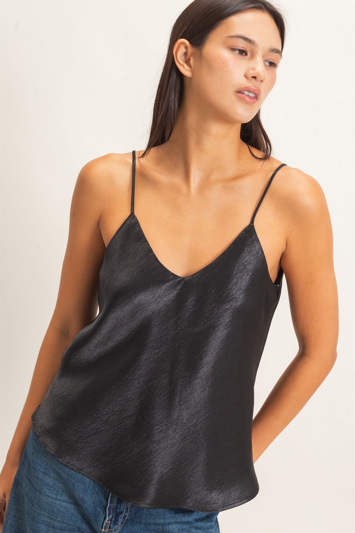 V-NECK SATIN CAMI TOP - BLACK