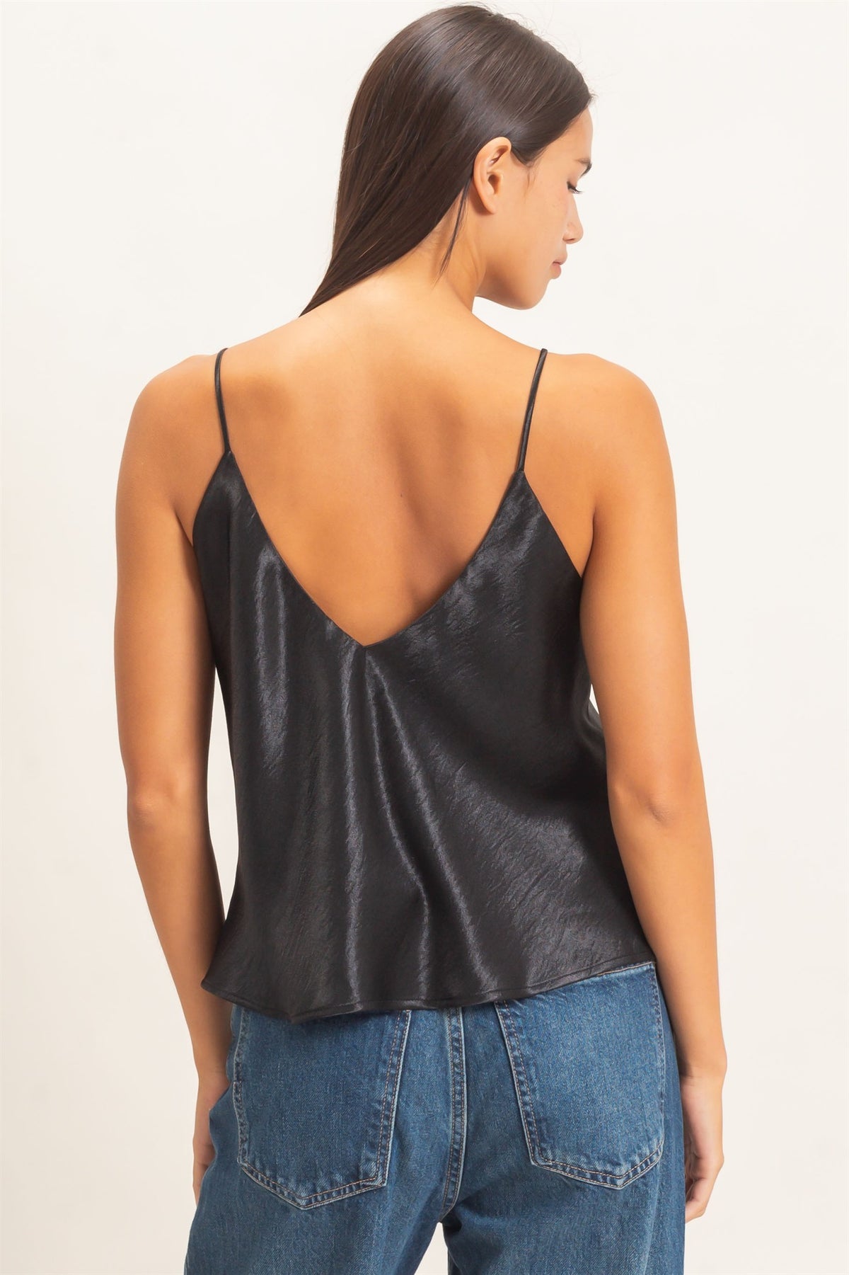 V-NECK SATIN CAMI TOP - BLACK