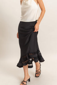 BIAS CUT SATIN SKIRT WITH LACE HEM - BLACK