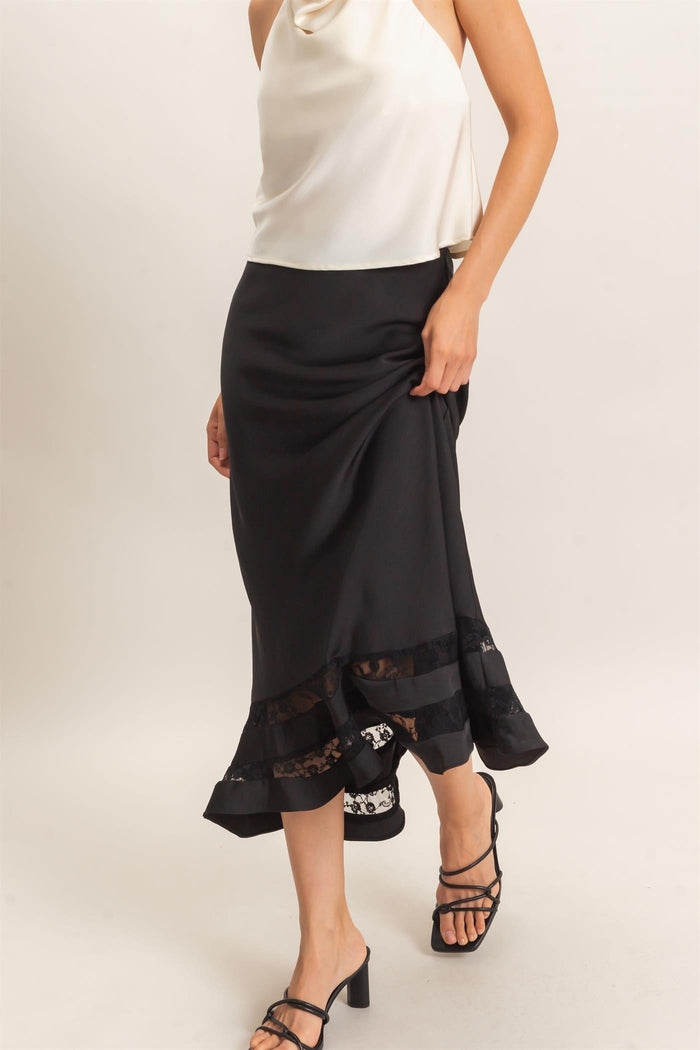 BIAS CUT SATIN SKIRT WITH LACE HEM - BLACK