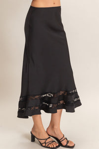 BIAS CUT SATIN SKIRT WITH LACE HEM - BLACK