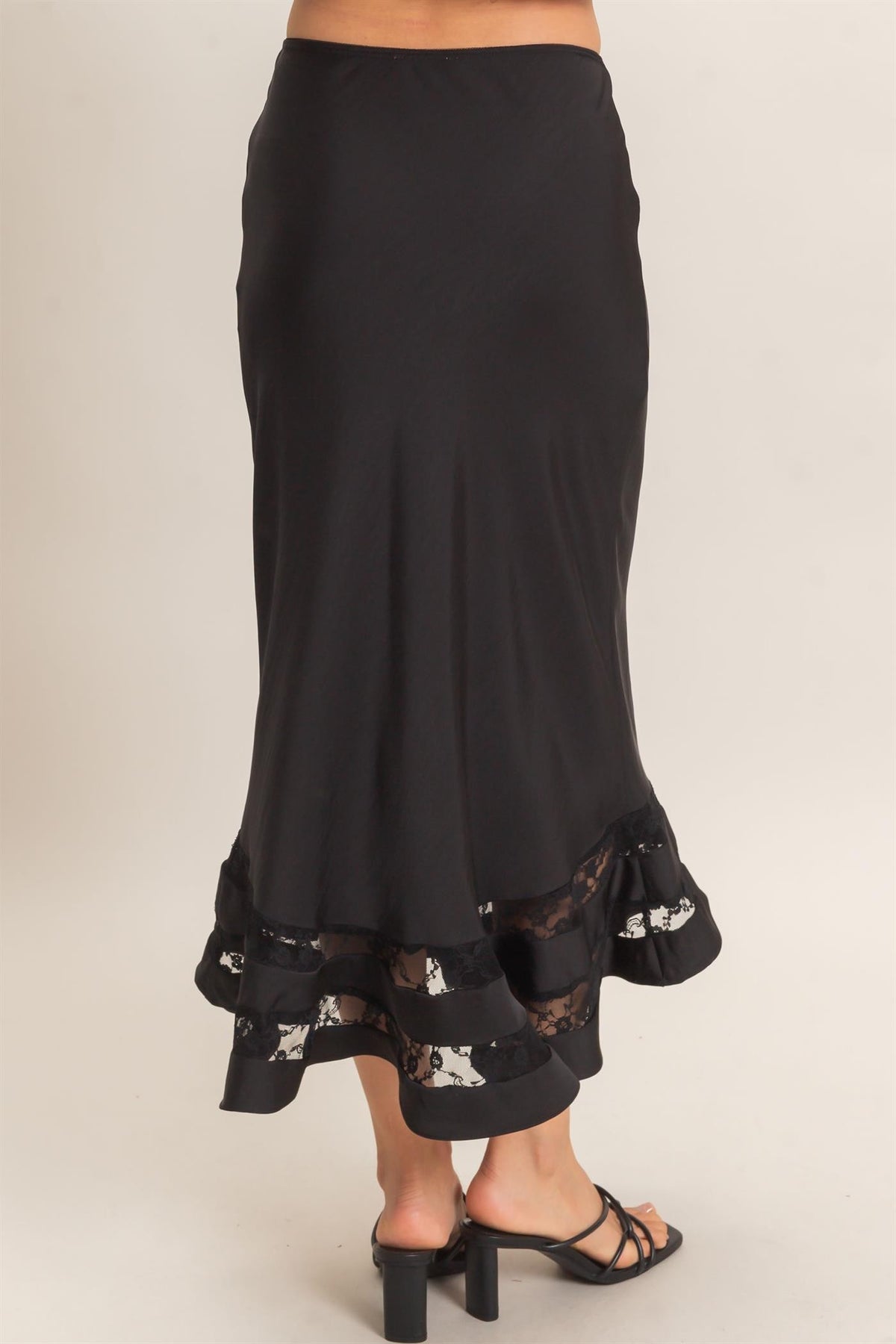 BIAS CUT SATIN SKIRT WITH LACE HEM - BLACK