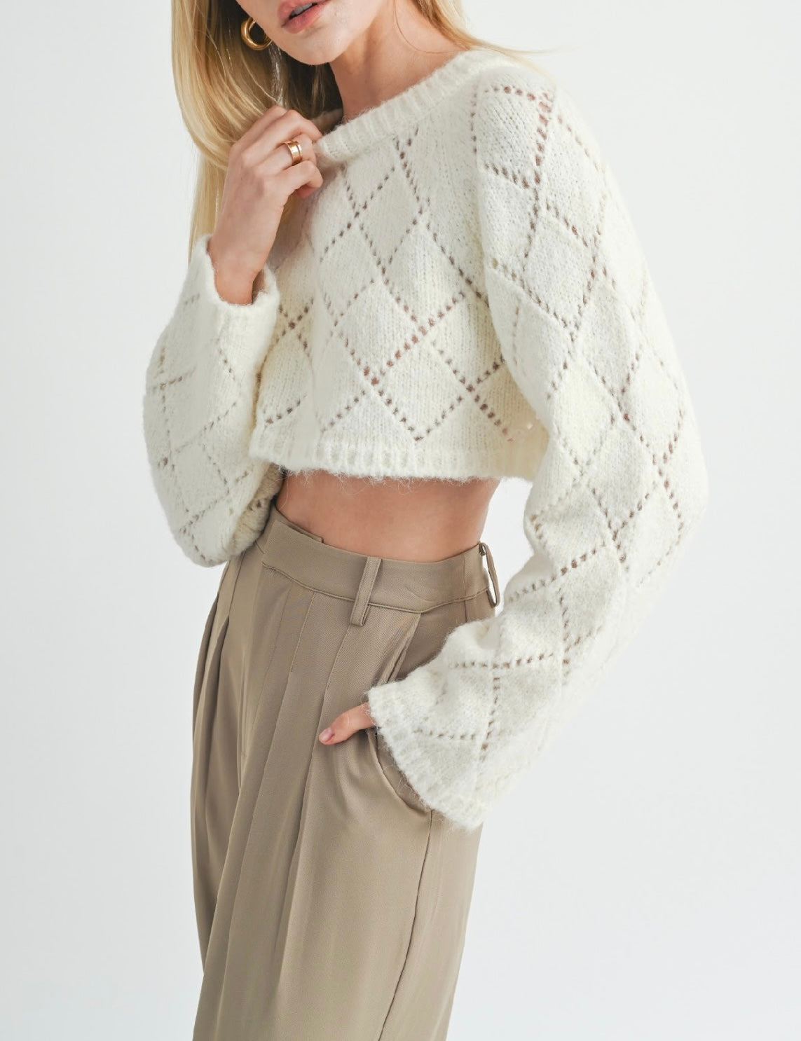 SAGE THE LABEL: SELENA DIAMOND POINTELLE SWEATER - IVORY