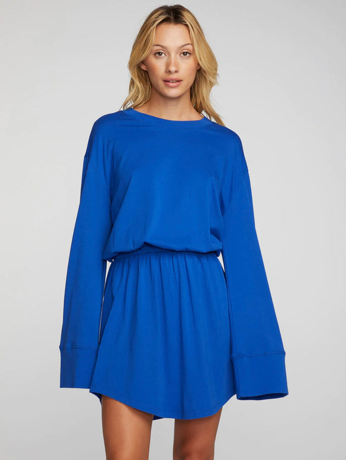 CHASER: COTTON JERSEY MINI DRESS WITH WIDE SLEEVES - COBALT BLUE