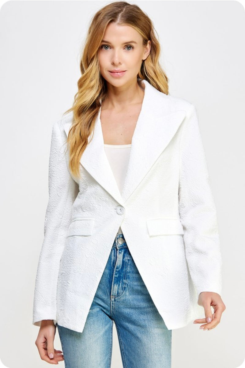 TEXTURED EMBOSSED CLINCHED WAIST BLAZER & SHORT SET - WHITE