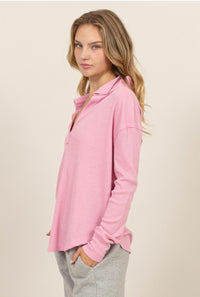 RIBBED COLLARD LONG SLEEVE V-NECK PULLOVER- ROSE PINK