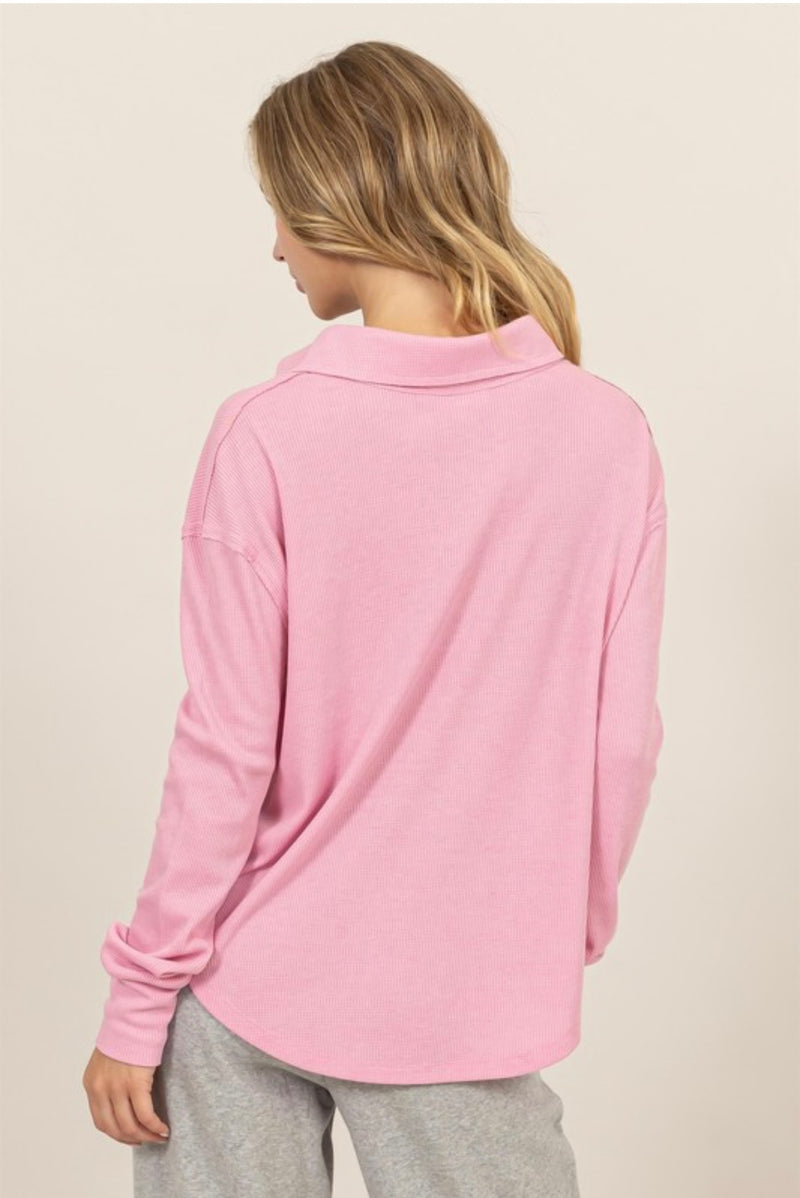 RIBBED COLLARD LONG SLEEVE V-NECK PULLOVER- ROSE PINK