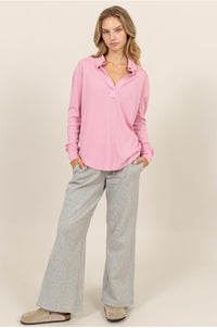 RIBBED COLLARD LONG SLEEVE V-NECK PULLOVER- ROSE PINK