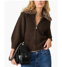STEVE MADDEN: ODESSA FUR COLLAR ZIP-UP SWEATER- DARK ESPRESSO