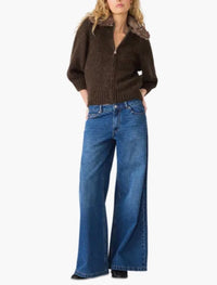 STEVE MADDEN: ODESSA FUR COLLAR ZIP-UP SWEATER- DARK ESPRESSO
