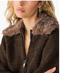 STEVE MADDEN: ODESSA FUR COLLAR ZIP-UP SWEATER- DARK ESPRESSO