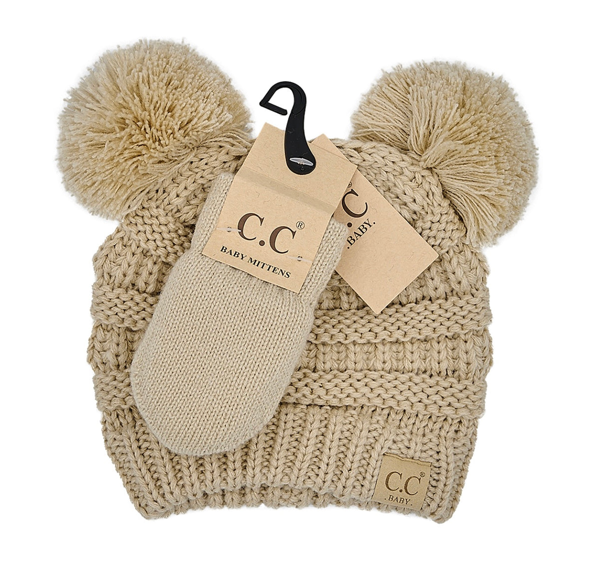 CC BEANIE: SOLID KNIT DOUBLE POM BEANIE WITH MITTEN SET