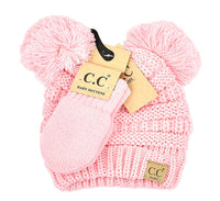 CC BEANIE: SOLID KNIT DOUBLE POM BEANIE WITH MITTEN SET