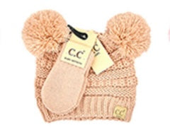 CC BEANIE: SOLID KNIT DOUBLE POM BEANIE WITH MITTEN SET