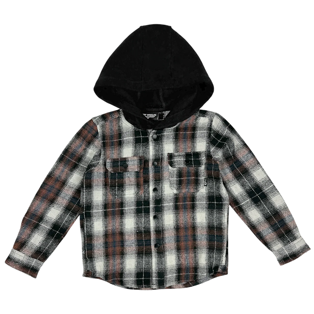 TINY WHALES: WOODSMAN HOODED FLANNEL SHIRT - BLACK/NATURAL/RUST/NAVY