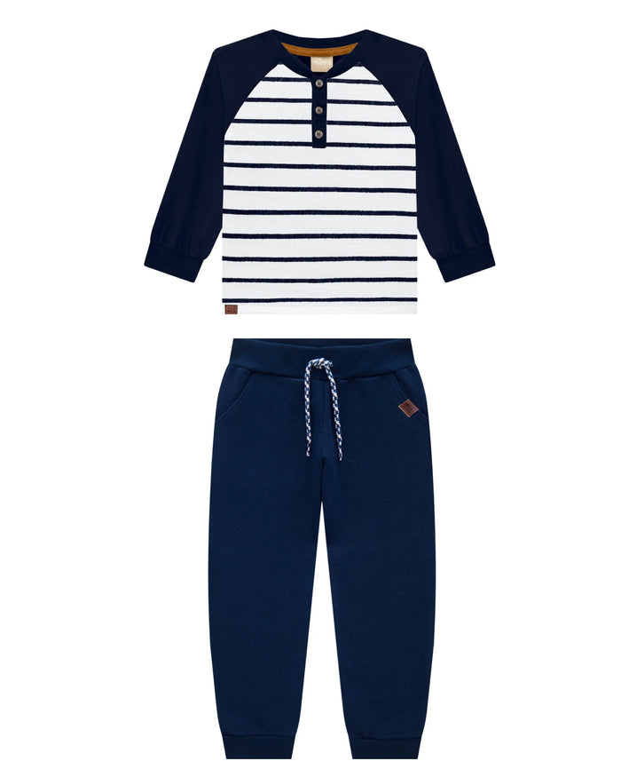 MILON: NAVY/CREAM LONG SLEEVE HENLEY & NAVY JOGGER SET