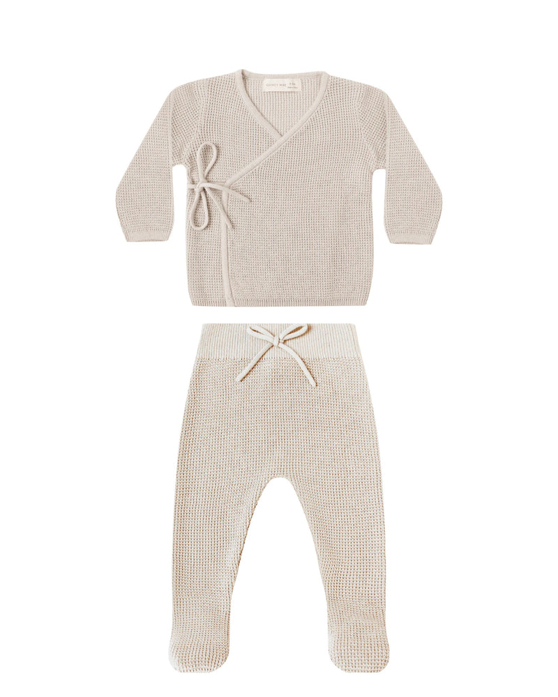 QUINCY MAE: KNIT WRAP TOP + FOOTED KNIT PANT || OAT