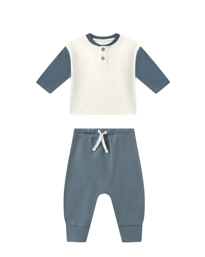 QUINCY MAE: LONG SLEEVE HENLEY TEE + DRAWSTRING PANT SET || OCEAN